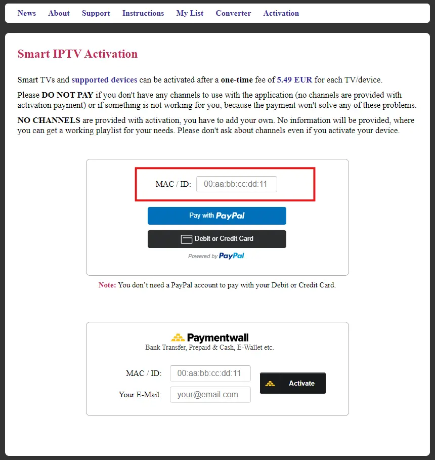 Ange mac-adressen på smart iptv-webbplatsen