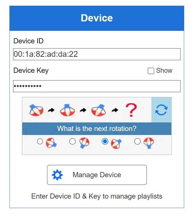 Ange ditt "Device ID" och "Device Key"