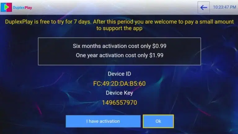 Duplex IPTV " device ID " och " Device Key "