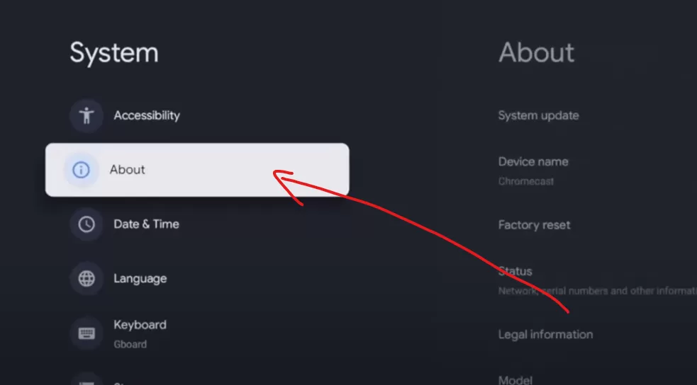 klicka på om för att aktivera utvecklaralternativ på Chromecast